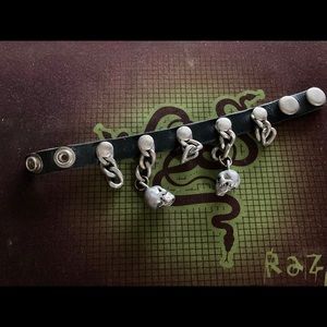 Black leather sliver skull bracelet